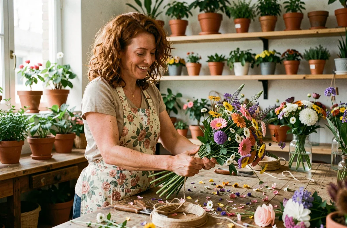 Fleuriste artisan à A Fleur de Pot à Laval confectionnant un bouquet champêtre fait à la main