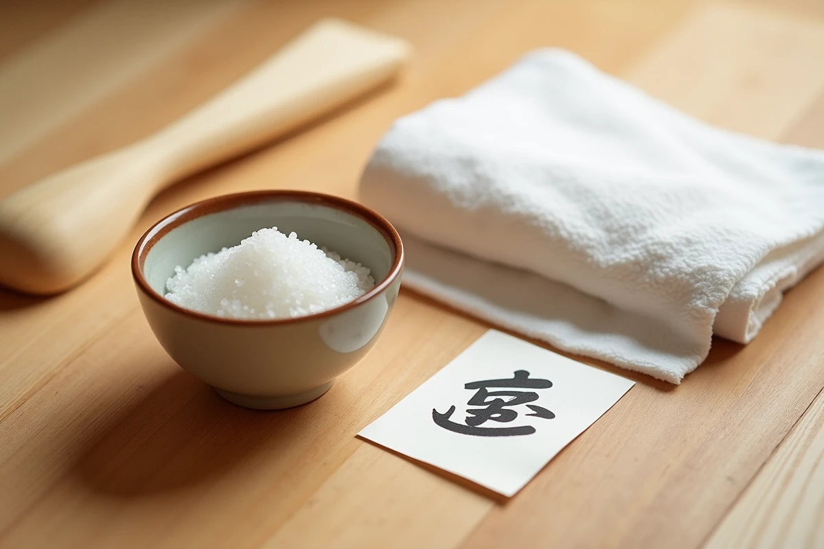 Accessoires traditionnels de thermes japonais onsen disposés sur bois de cyprès hinoki, tenugui et sel minéral