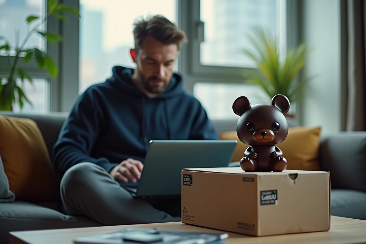 Homme vérifiant le prix d'une figurine Labubu en ligne avec l'emballage officiel et l'autocollant d'authenticité visibles