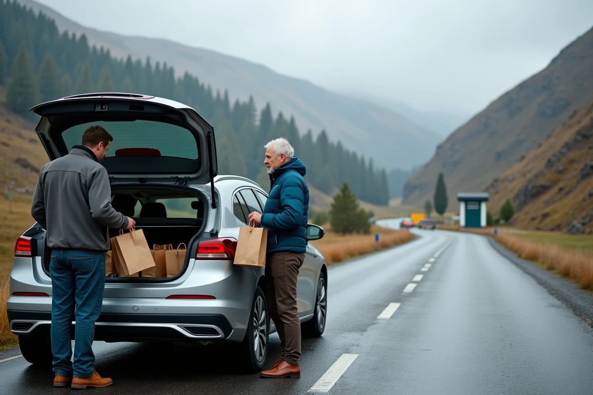 Couple chargeant des achats de tabac en duty-free dans leur voiture près d'un poste frontière en Andorre