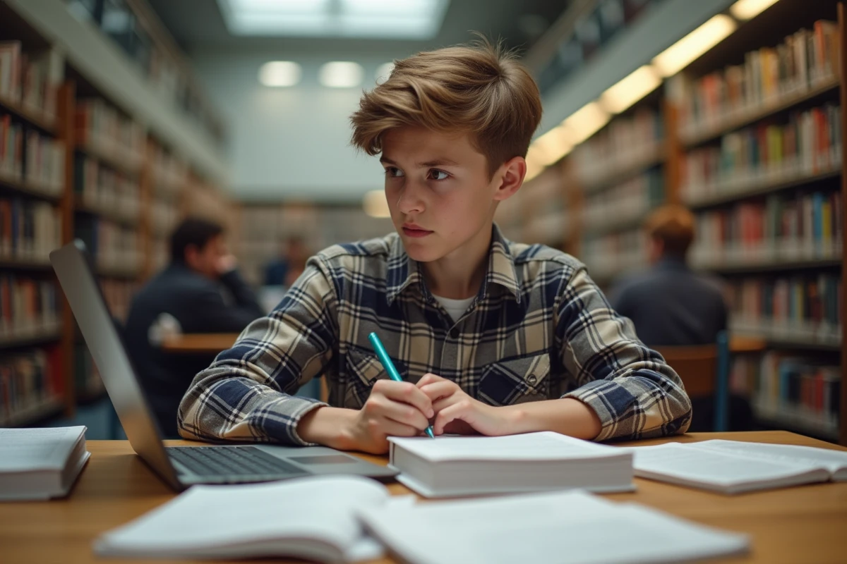Adolescent étudiant le français à la bibliothèque