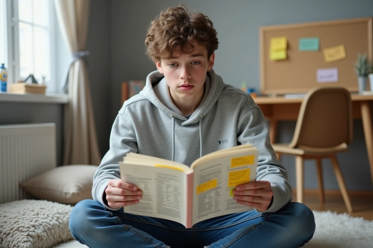 Adolescent étudiant une règle d'orthographe française dans un manuel scolaire posé sur le sol de sa chambre