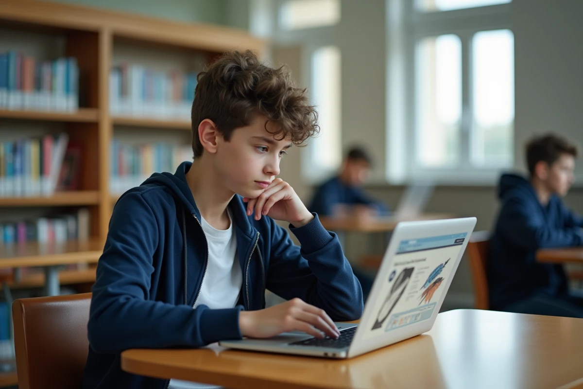 Adolescent consultant un guide Dofus sur ordinateur portable pour apprendre à perdre ses plumes correctement