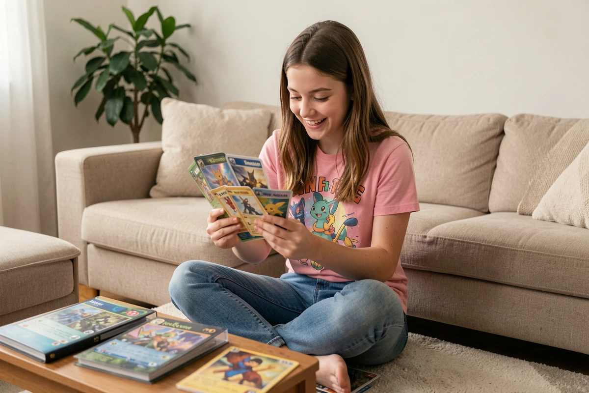 Adolescente tenant des cartes holographiques Pokémon TCG dans un salon moderne et confortable