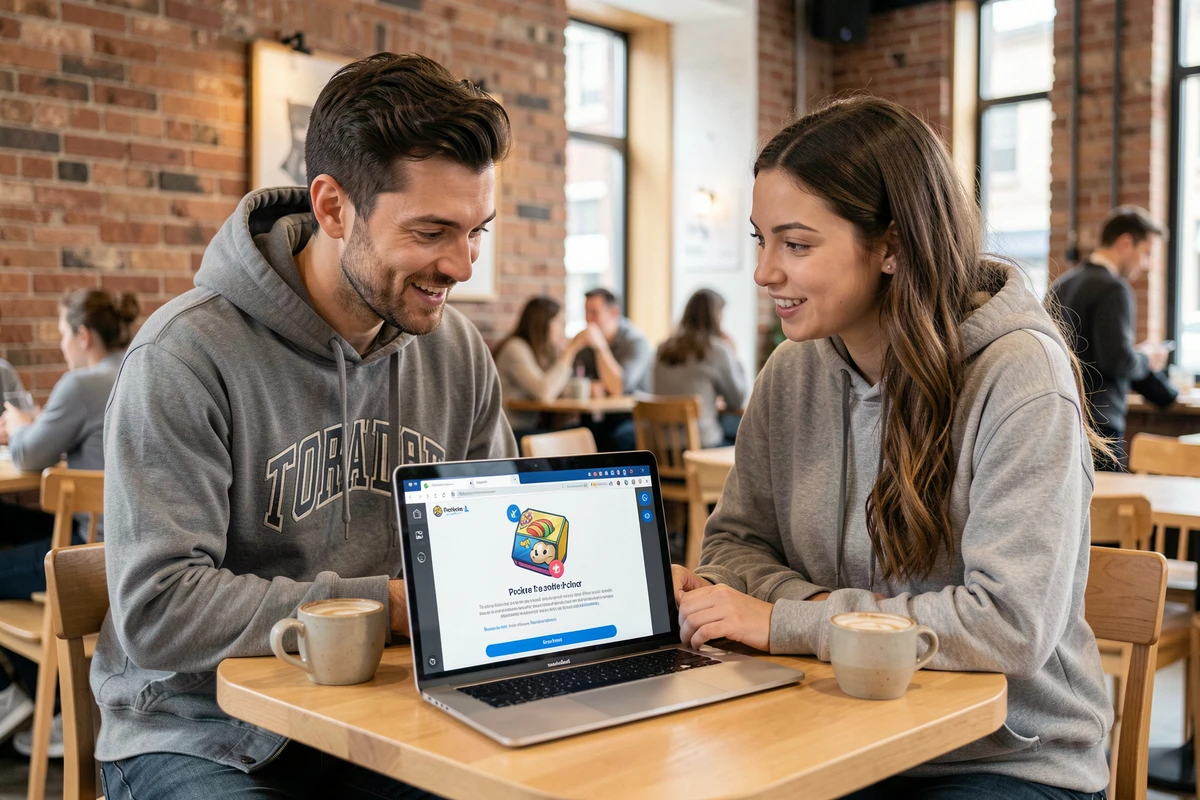 Deux adultes consultant un site de cadeaux Pokémon TCG Pocket sur ordinateur portable dans un café urbain