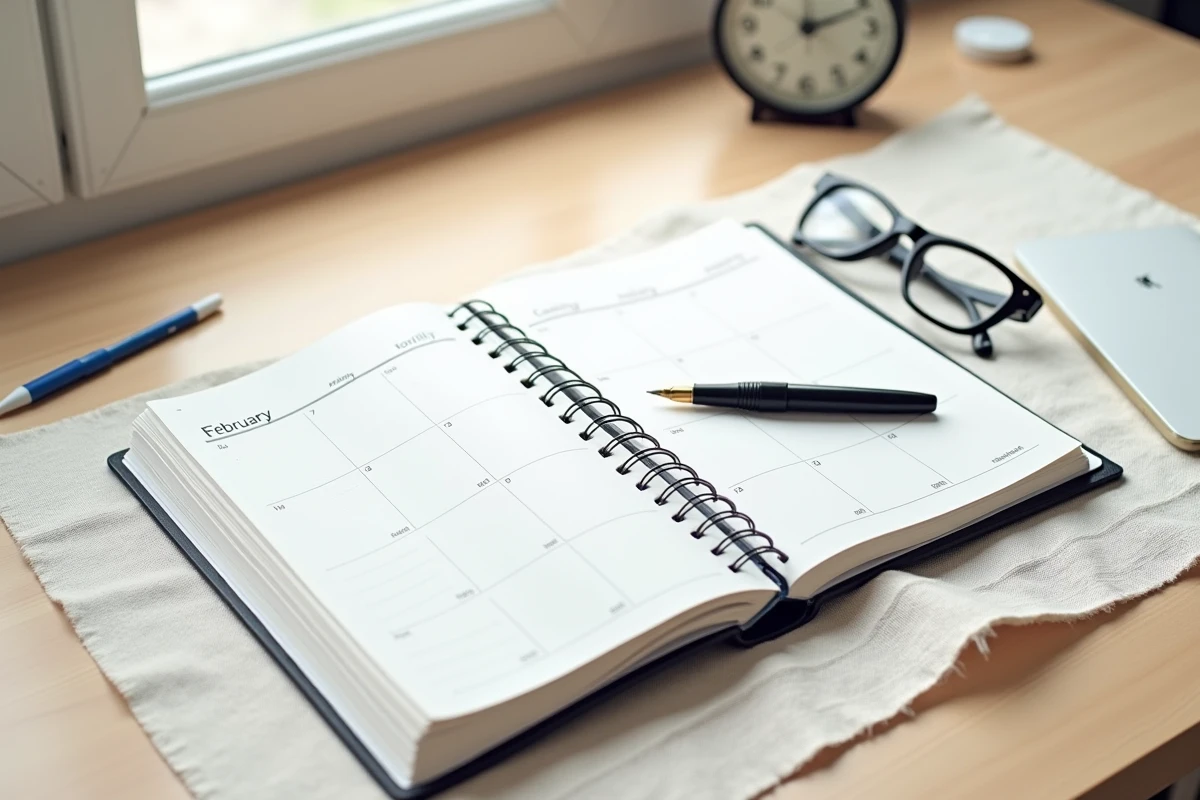 Agenda ouvert sur le mois de février avec 29 jours visibles, stylo plume et lunettes posés sur un bureau en chêne
