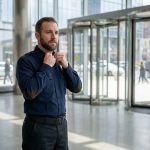 Agent de sécurité privée en uniforme bleu marine ajustant sa tenue à l'entrée d'un immeuble de bureaux moderne, alliant confort et professionnalisme