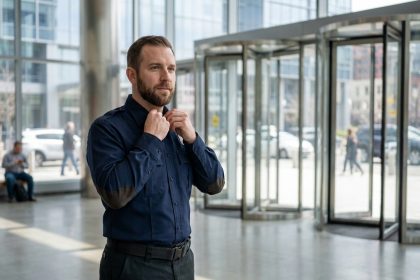 Agent de sécurité privée en uniforme bleu marine ajustant sa tenue à l'entrée d'un immeuble de bureaux moderne, alliant confort et professionnalisme