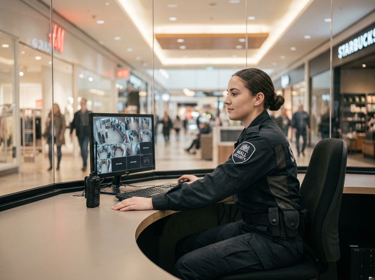 Agente de sécurité en uniforme tactique noir confortable travaillant au poste de surveillance d'un centre commercial, équilibre entre ergonomie et tenue réglementaire