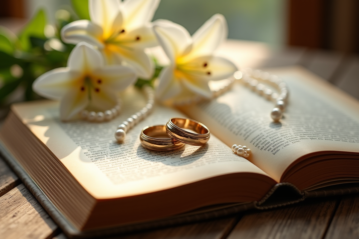 Alliances entrelacees sur livre ancien avec fleurs de lys