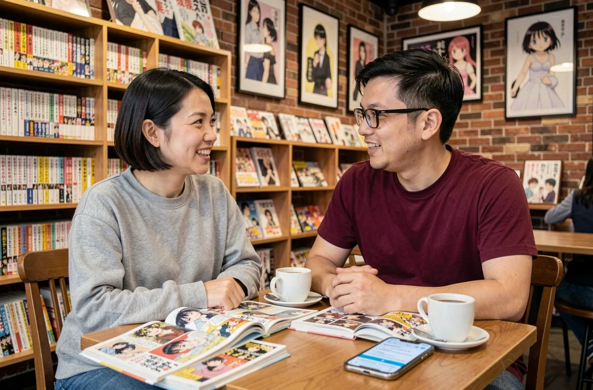 Deux amis fans de manga discutant du calendrier de publication du scan One Piece 1148 dans un café spécialisé