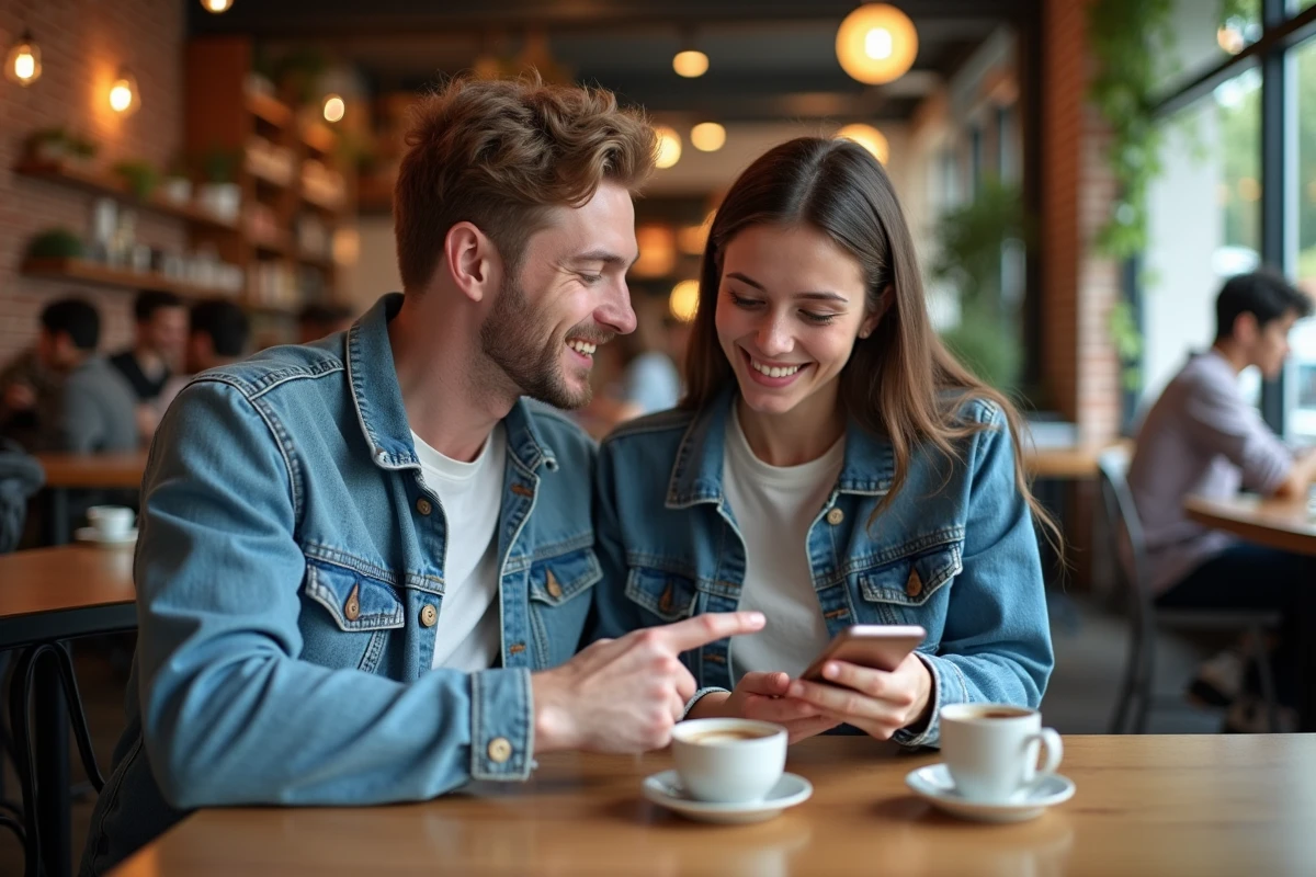 Deux amis partageant un smartphone affichant des scans de manga dans un café urbain avec des murs en briques apparentes