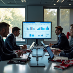 Manager de football et équipe analysant statistiques et transferts