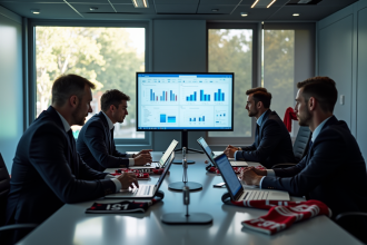 Manager de football et équipe analysant statistiques et transferts