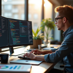 Analyste de données travaillant sur un bureau moderne avec RStudio