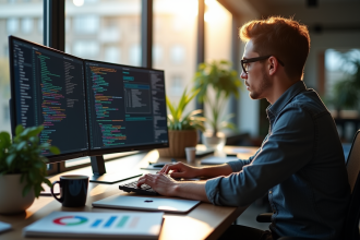 Analyste de données travaillant sur un bureau moderne avec RStudio