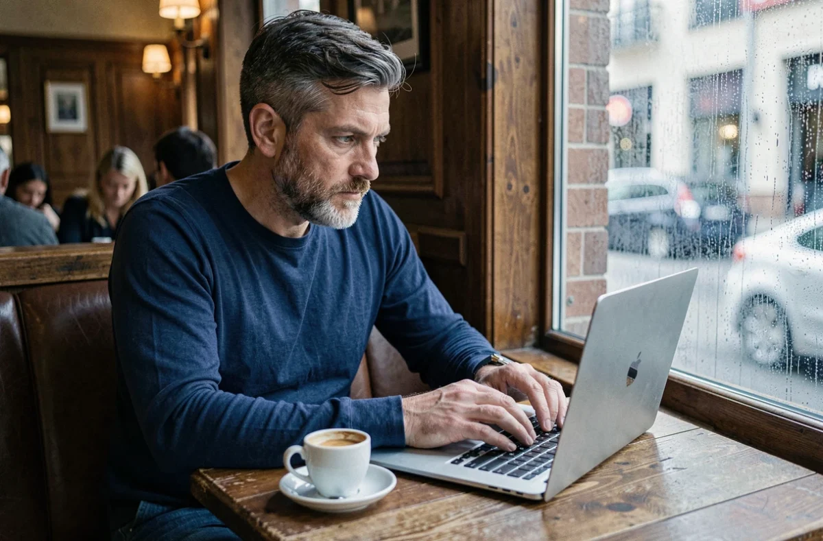 Homme utilisant un VPN dans un café pour préserver son anonymat lors de la création d'un compte ebook