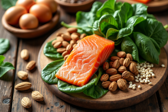 Assortiment coloré d'aliments riches en vitamines sur une table en bois