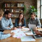 Groupe de participants adultes engagés dans un atelier collaboratif autour d'une table en bois avec documents et ordinateurs portables dans un espace de coworking