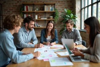 Groupe de participants adultes engagés dans un atelier collaboratif autour d'une table en bois avec documents et ordinateurs portables dans un espace de coworking