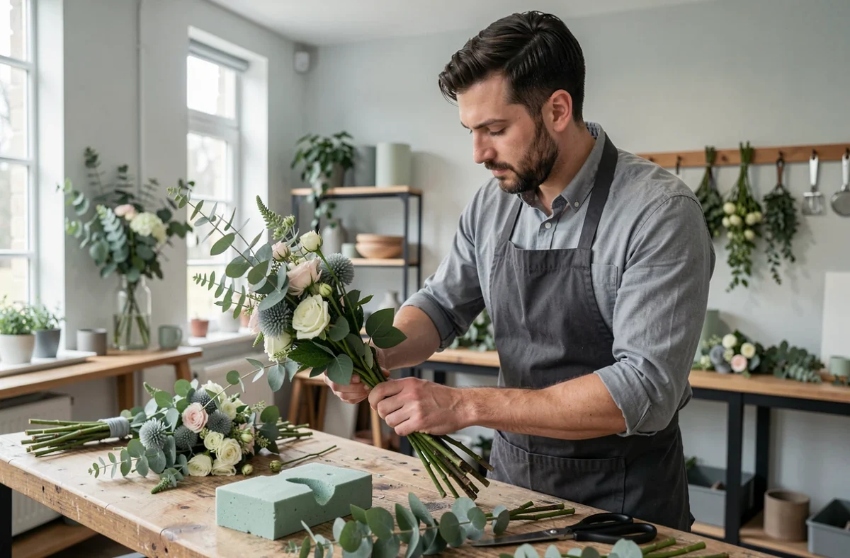 Laurent dans son atelier à Château-Gontier-sur-Mayenne préparant une composition florale soignée