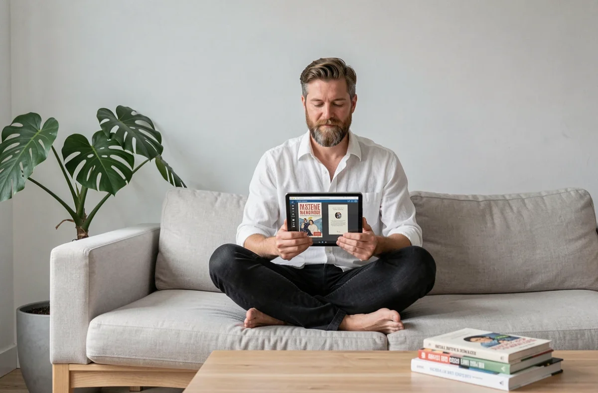 Auteur indépendant consultant une interface de design de couverture de livre sur tablette pour l'autoédition KDP