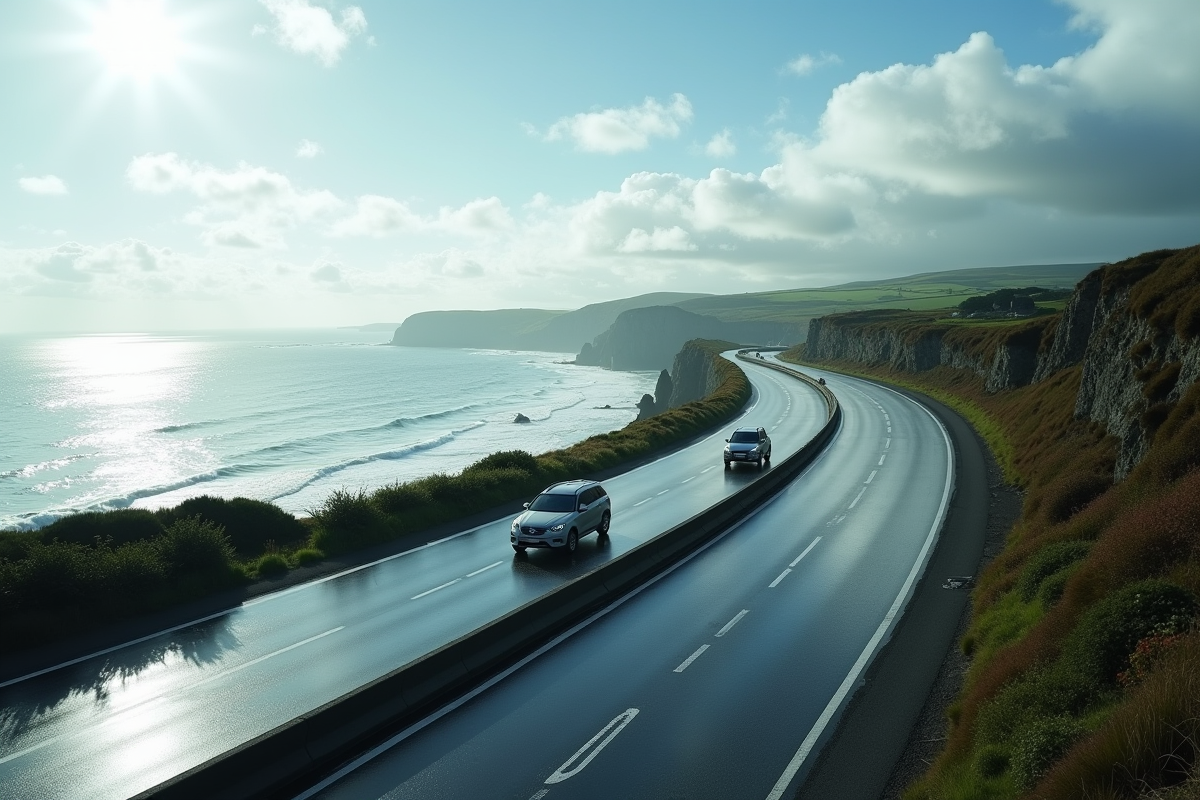 Autoroute moderne longeant la cote bretonne avec mer visible