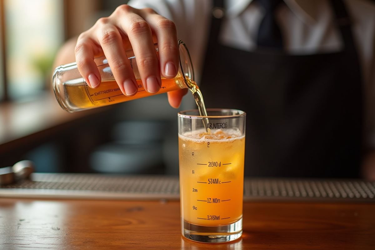 Barman verseur liquide dans un verre gradué en bar