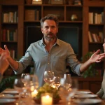 Un homme raconte une blague maladroite lors d'un dîner entre amis, provoquant des sourires gênés autour de la table