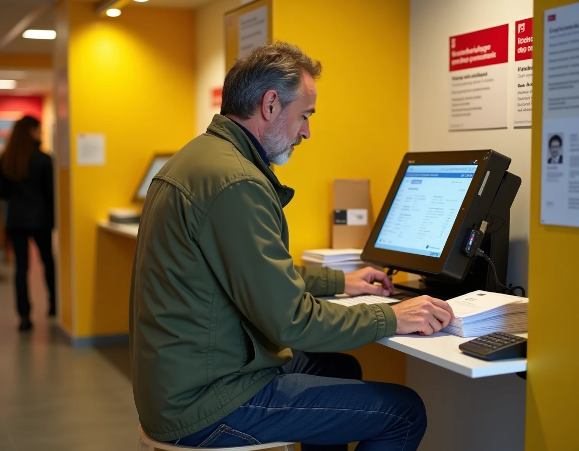 Homme utilisant une borne d'impression en libre-service dans un bureau de La Poste lors d'un déplacement professionnel