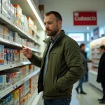 Homme dans une boutique de tabac en Andorre consultant les rayons de cartouches de cigarettes avec des prix affichés