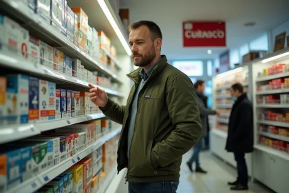 Homme dans une boutique de tabac en Andorre consultant les rayons de cartouches de cigarettes avec des prix affichés