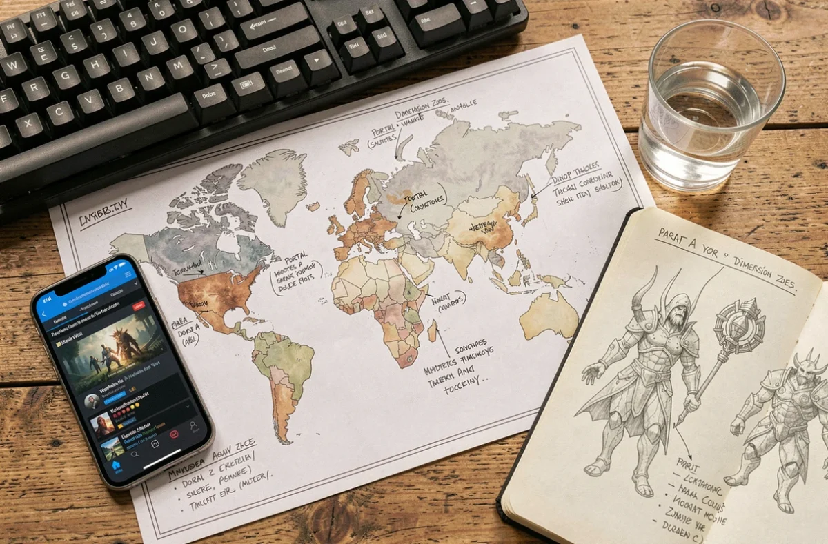 Vue aérienne d'un bureau de joueur avec carte annotée des portails DOFUS et notes stratégiques pour optimiser les dimensions THL