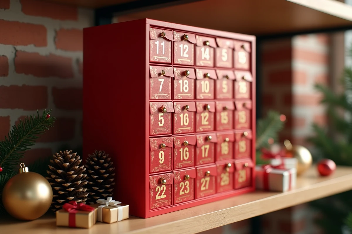 Calendrier de l'avent FDJ 2026 présenté sur une étagère avec décoration de Noël