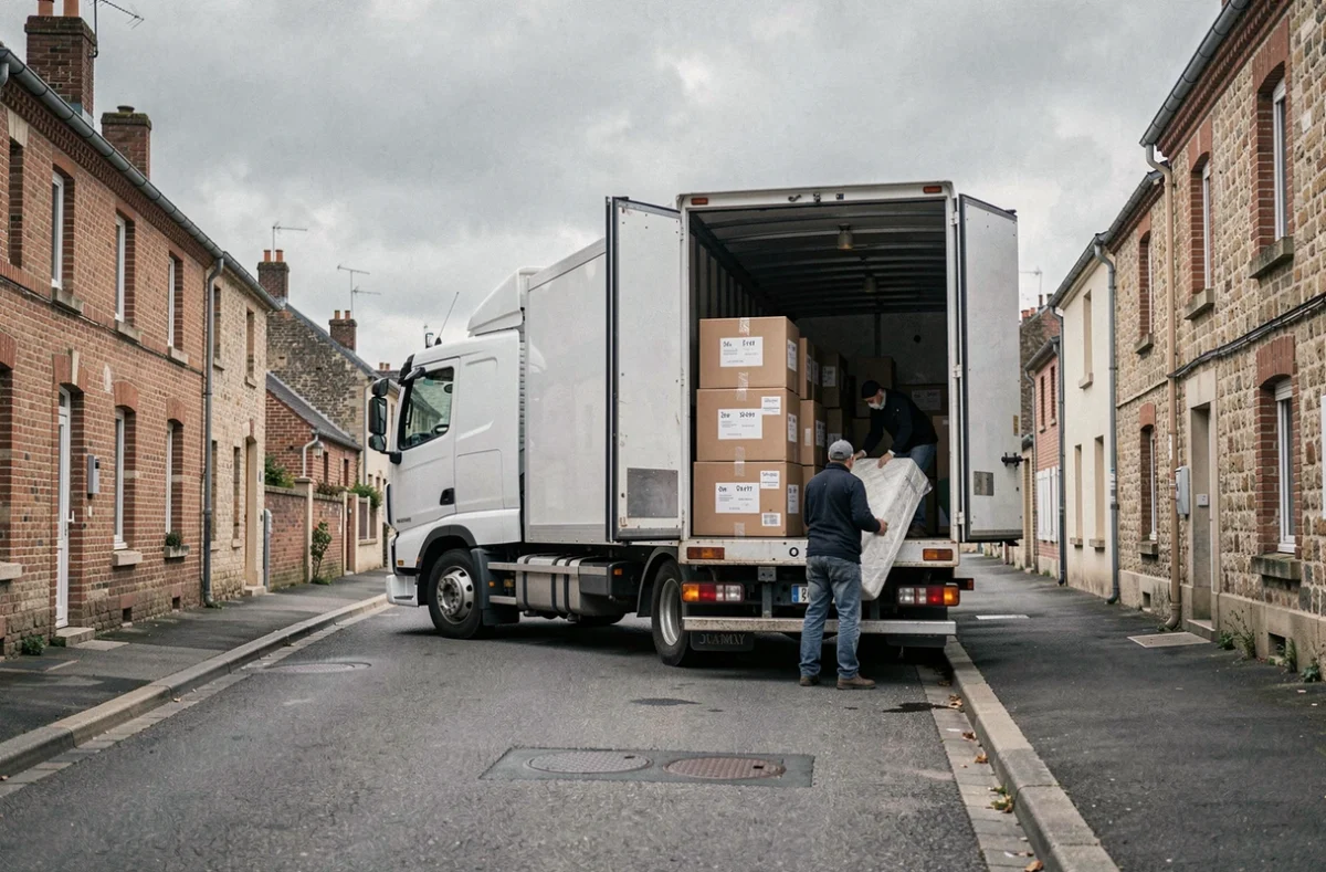 Camion de déménagement chargé devant des maisons typiques de Laon dans l'Aisne