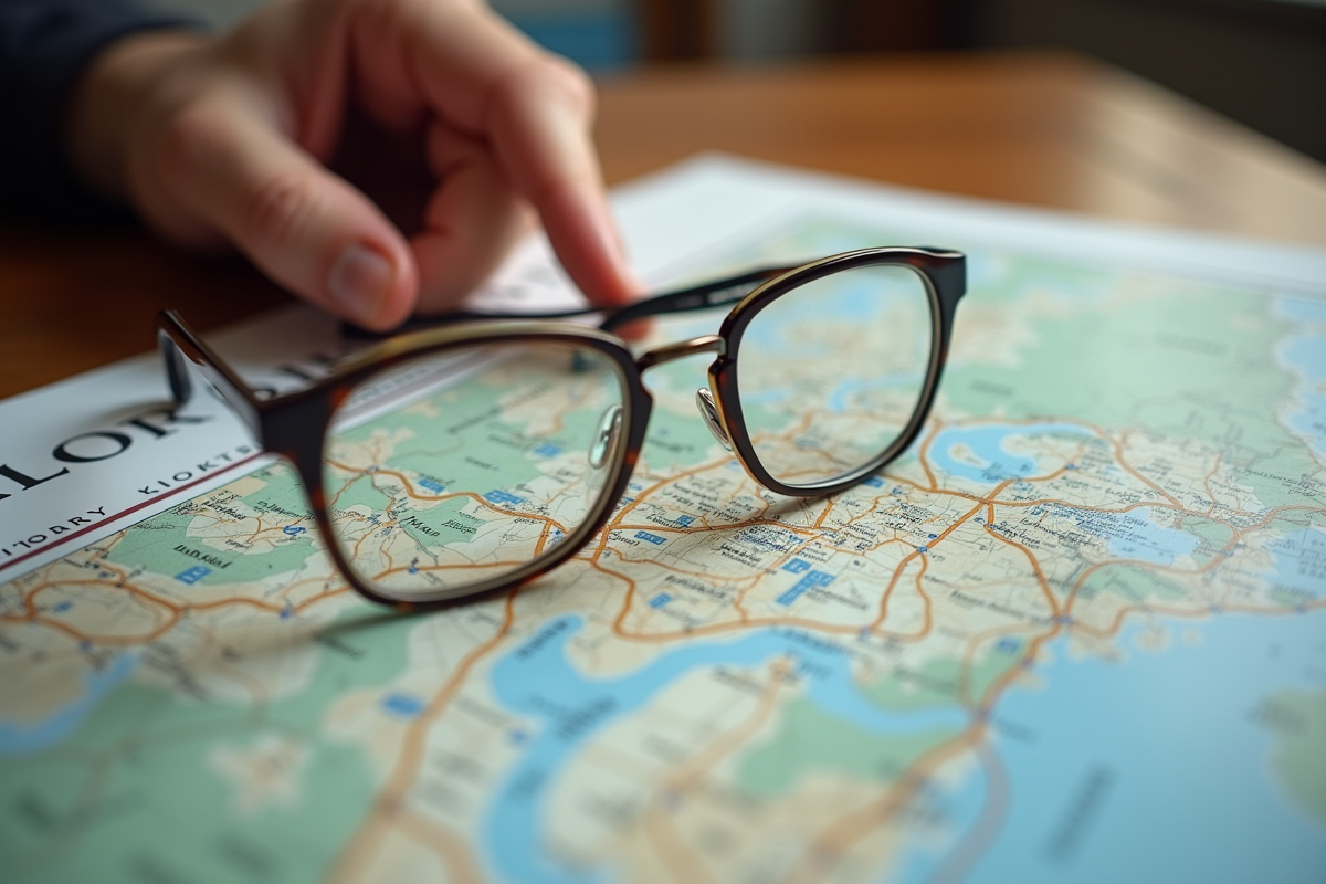 Carte avec lunettes posée sur une table en bois et doigt pointant vers un magasin d