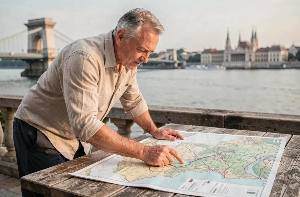 Cartographe étudiant le tracé du Danube sur une carte topographique à Budapest avec le pont des Chaînes en arrière-plan