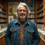 Homme d'âge mûr dans un magasin de disques vinyles vintage entouré d'albums des années 70 et 80
