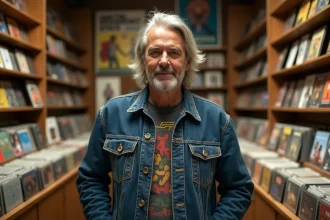 Homme d'âge mûr dans un magasin de disques vinyles vintage entouré d'albums des années 70 et 80