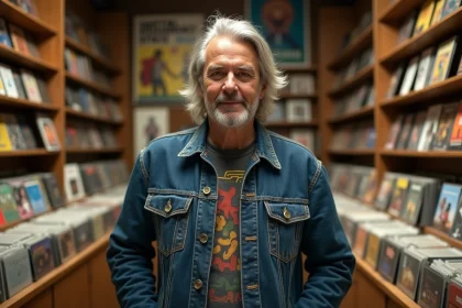 Homme d'âge mûr dans un magasin de disques vinyles vintage entouré d'albums des années 70 et 80