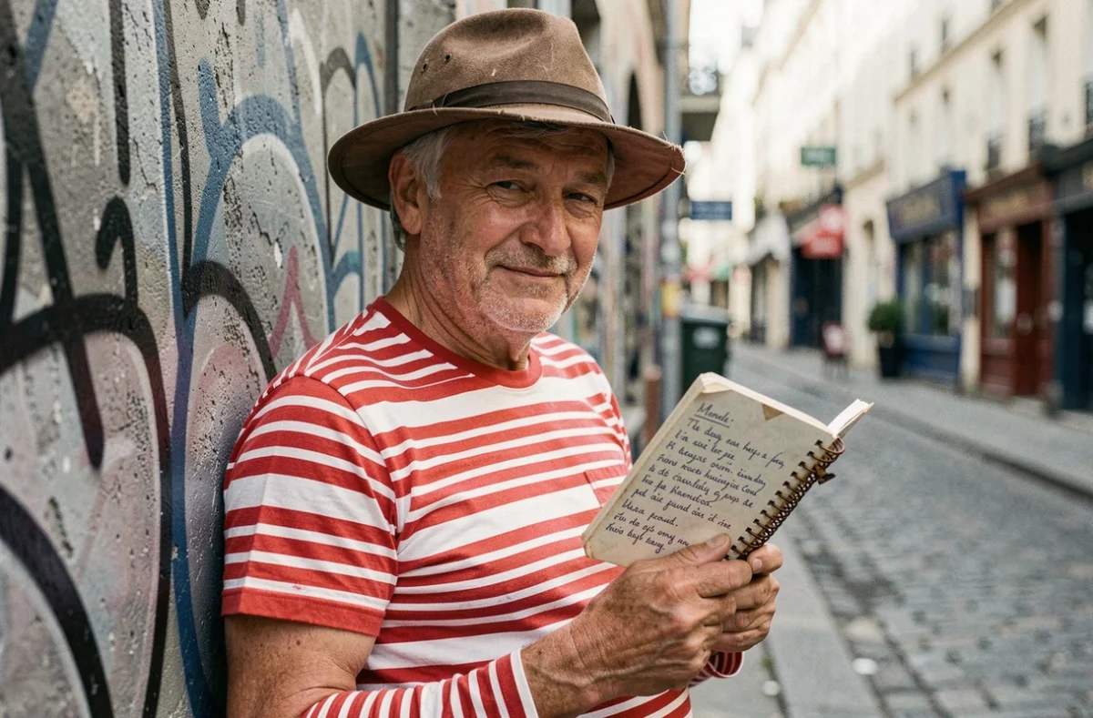 Homme d'âge mûr tenant un carnet de paroles manuscrites devant un mur tagué dans un quartier populaire parisien rappelant l'esthétique de Renaud