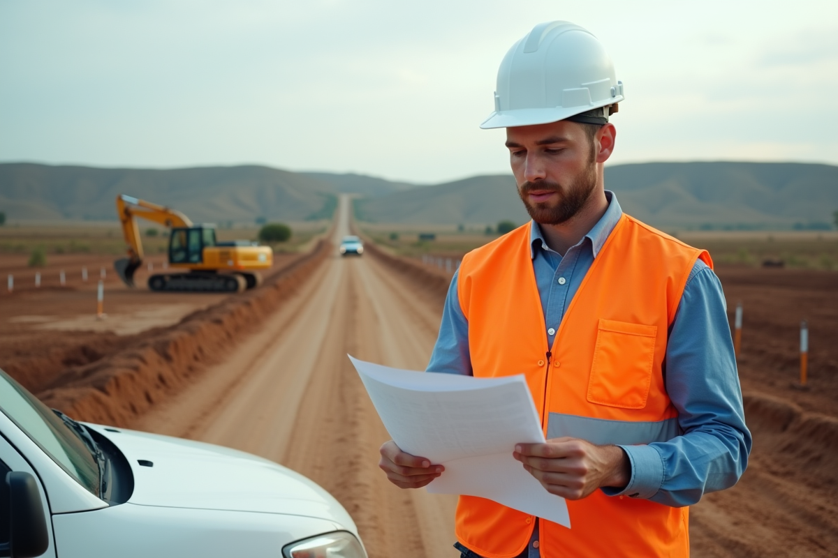 Jeune homme contrôlant des documents sur un chantier