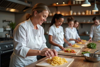 Chef femme enseignant la fabrication de pâtes fraîches à Paris