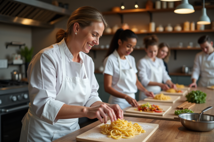 Chef femme enseignant la fabrication de pâtes fraîches à Paris