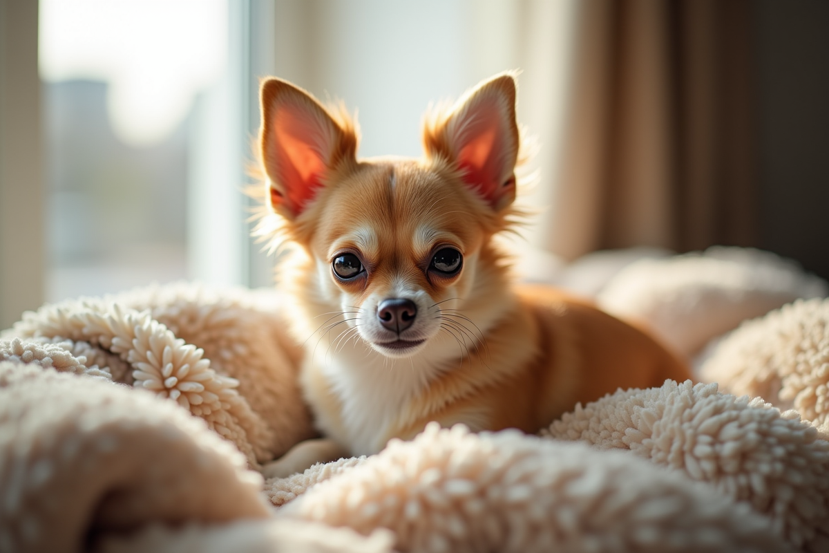 Chihuahua papillontype allongé sur un coussin beige à la fenêtre
