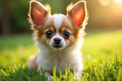 Chihuahua papillontype dans un jardin ensoleille