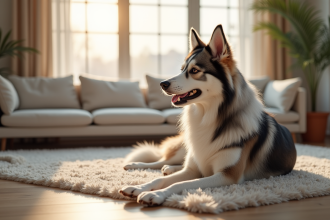 Samsky dog assis sur un tapis moderne dans un salon lumineux