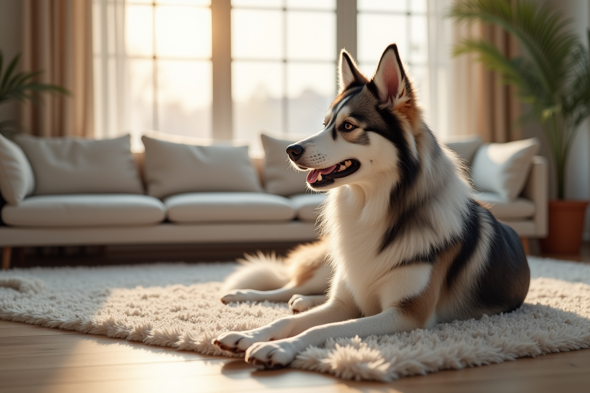 Samsky dog assis sur un tapis moderne dans un salon lumineux