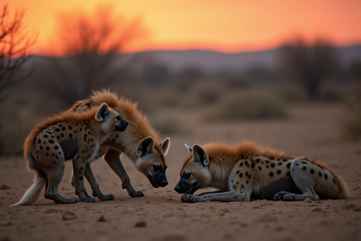 Clan de trois hyènes tachetées aux comportements contrastés dans la savane africaine au crépuscule, illustrant les différences de tempérament entre individus