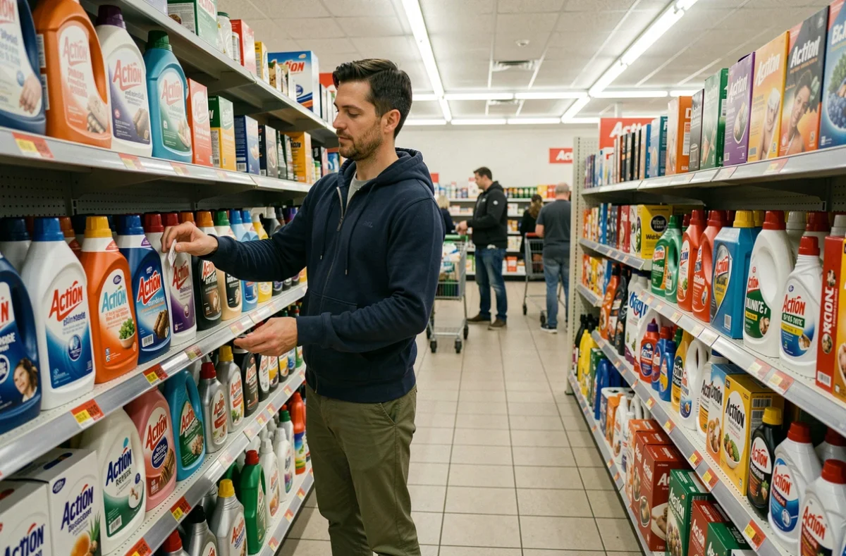 Client faisant ses achats dans un magasin Action ouvert le dimanche dans une zone commerciale